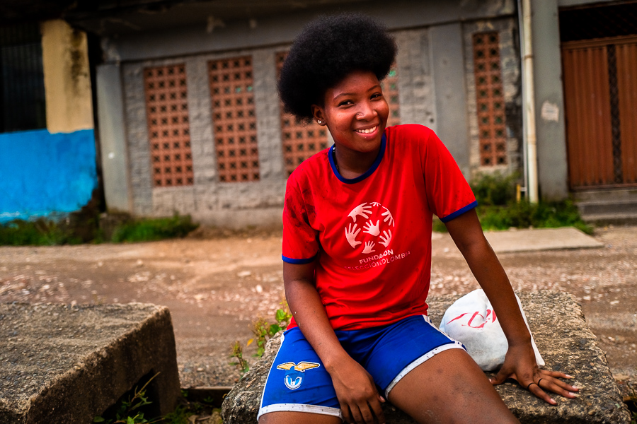 An Afro-Colombian female football player poses for a picture after the training on the sand pitch in Quibdó, Chocó, Colombia.