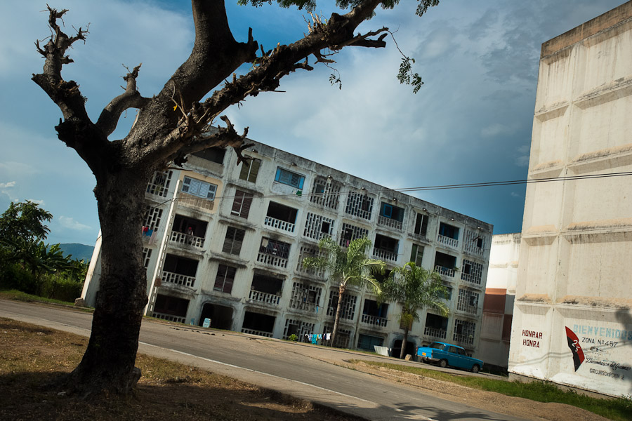A group of apartment blocks in Abel Santamaría, a public housing periphery of Santiago de Cuba.