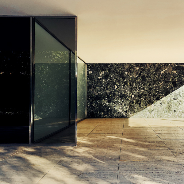 Barcelona Pavilion, a modernist architectural building designed by Ludwig Mies van der Rohe and Lilly Reich for the German representation at the Expo 1929 in Barcelona, Spain.