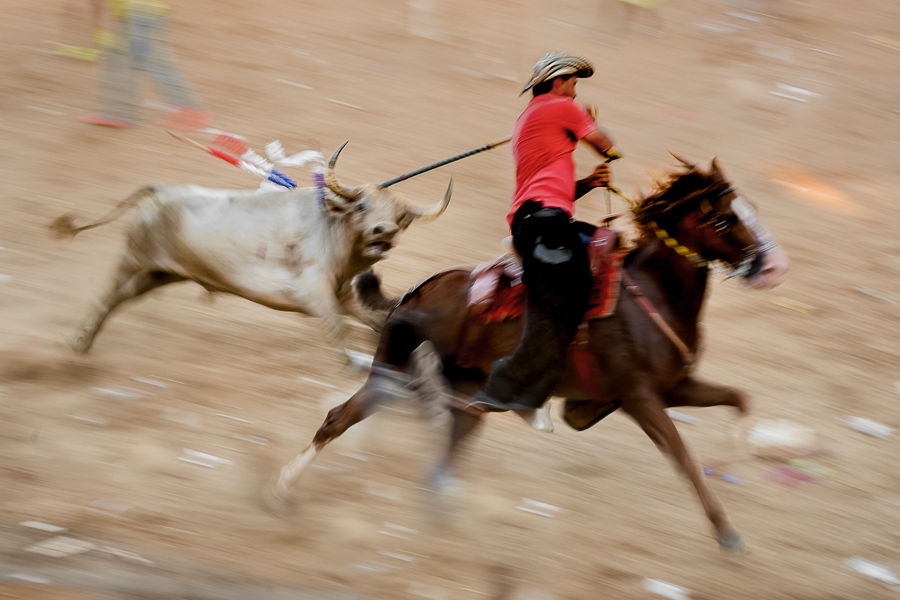 A Colombian cowboy on a horse (garrochero) stabs a bull in the neck while being chased in the arena of Corralejas, a rural bullfighting festival held in Soplaviento, Colombia.