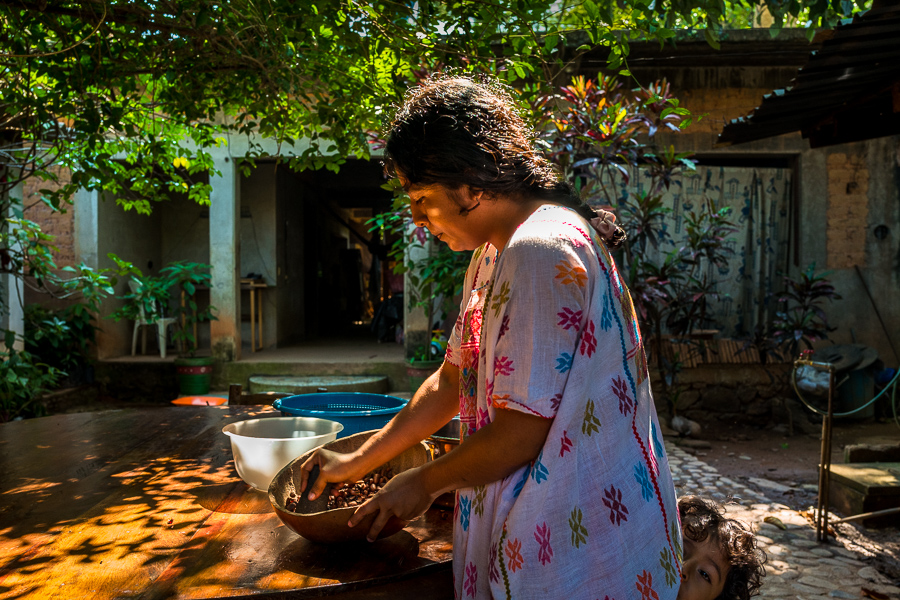 An Amuzgo indigenous woman cracks the roasted cacao beans in artisanal chocolate manufacture in Xochistlahuaca, Guerrero, Mexico.