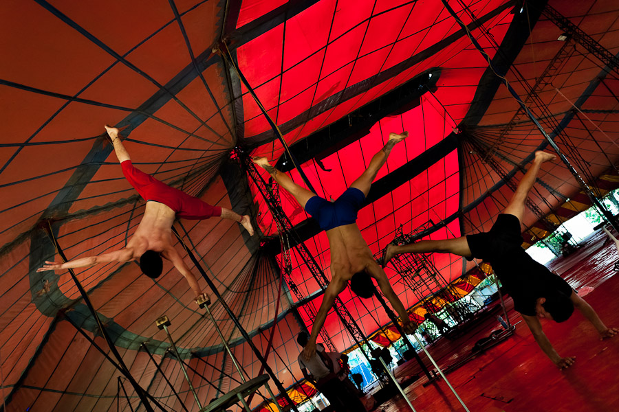 Students perform hand balancing acrobatics during the lessons in the circus school Circo para Todos in Cali, Colombia.