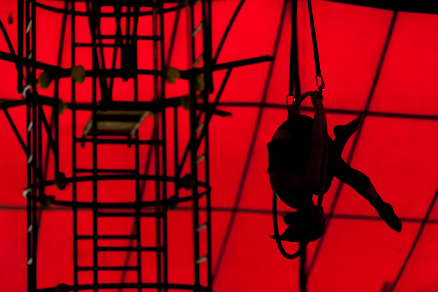 A student performs acrobatics on the aerial hoop during the lessons in the circus school Circo para Todos in Cali, Colombia.