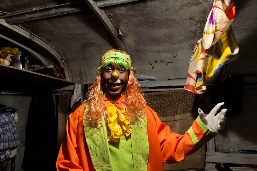 Walter, a Colombian clown, in his costume and makeup before a performance at the Circus Anny.
