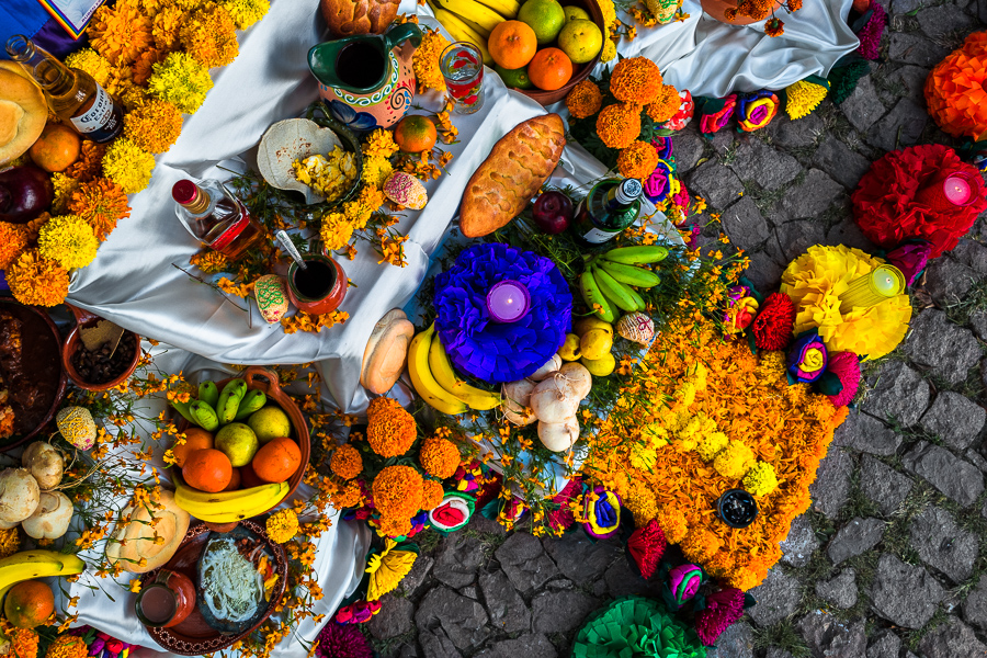 Food offerings are placed at the altar of the dead (Altar de Muertos), a religious site honoring the deceased, during the Day of the Dead celebrations in Taxco de Alarcón, Guerrero, Mexico.