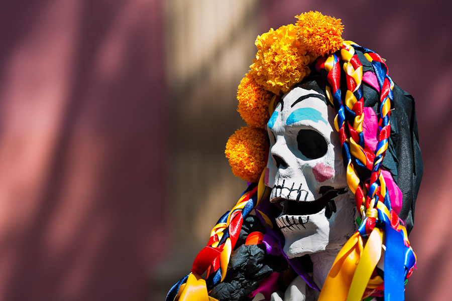 A decorated skeleton figurine is seen at the altar of the dead (altar de muertos), a religious site honoring the deceased, during the Day of the Dead celebration in Morelia, Michoacán, Mexico.