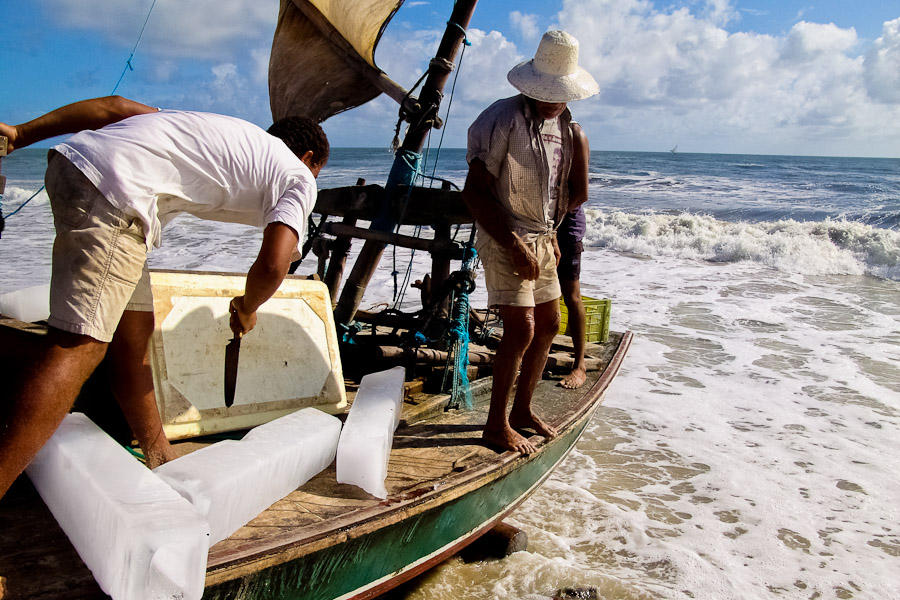 Jangadeiros usually leave for three-day or four-day trips on the high sea. The caught fishes are kept in the jangada underdeck among ice blocks.