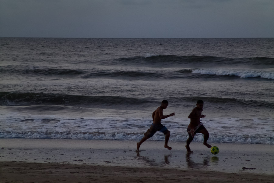 Jangadeiros usually work six days a week. The favourite relax is a football game on the beach.