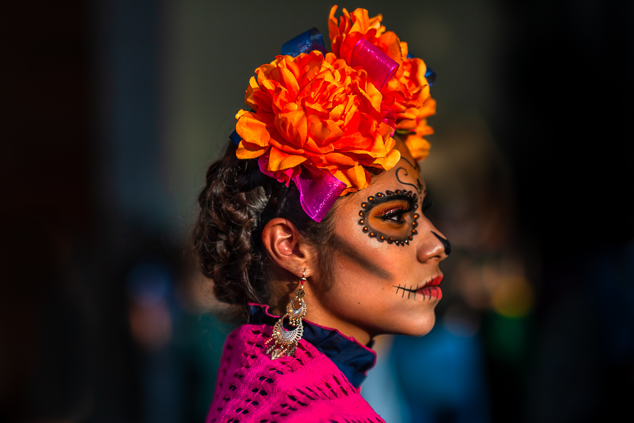 A young Mexican woman, dressed as La Catrina, a Mexican pop culture character representing the Death, takes part in the Day of the Dead festivities in Morelia, Michoacán, Mexico.