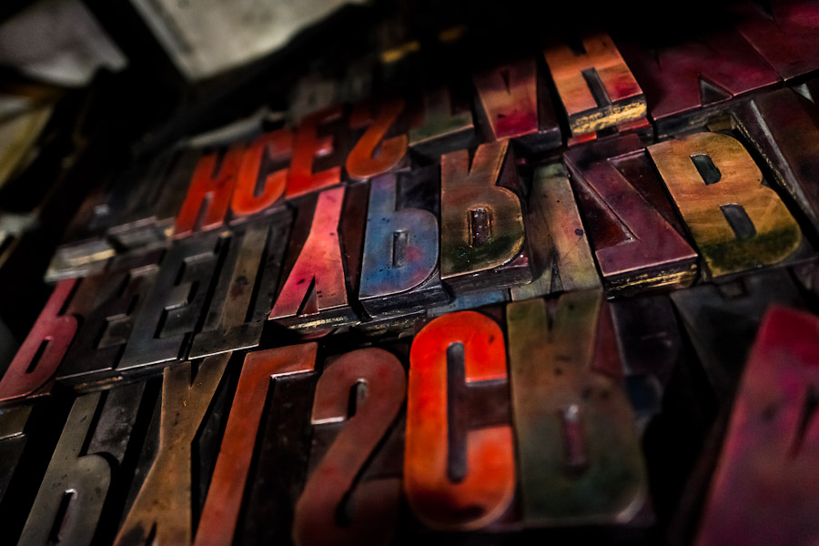 Letterpress types, made of wood, placed in a tray in the vintage print shop in Cali, Colombia.