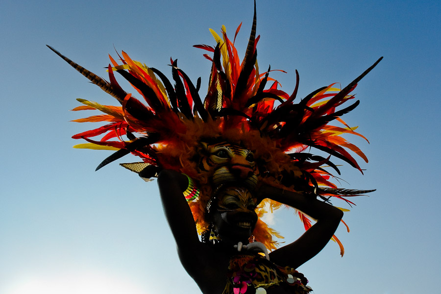 A Colombian girl, having a tiger mask, dances during the Carnival in Barranquilla, Colombia.