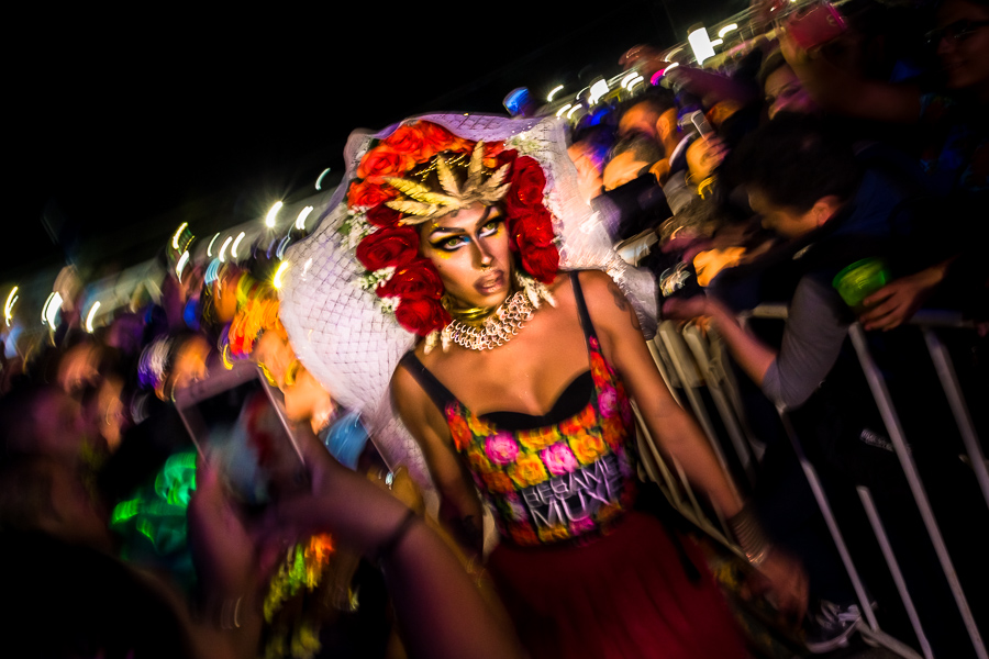 A Mexican “muxe” (typically, a homosexual man wearing female clothes) enters the stage in the night party during the Vela de las Intrépidas festival in Juchitán de Zaragoza, Oaxaca, Mexico.