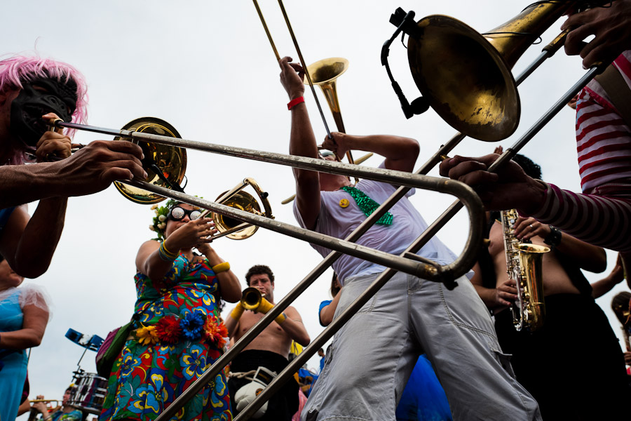 Brass players of the Orquestra Voadora band perform during the carnival street party in Flamengo, Rio de Janeiro, Brazil.