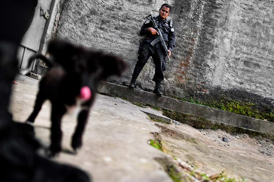 A Salvadorean policeman, a member of the anti-gang unit, watches a street dog during a mission in the gang neighborhood in San Salvador, El Salvador.