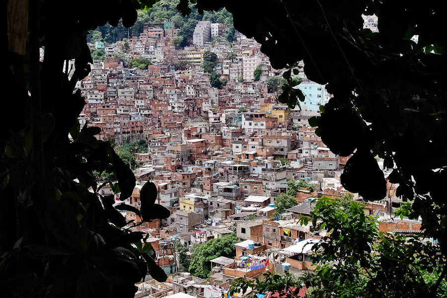Rocinha, the largest favela in Brazil and one of the most developed in Latin America, built on a steep hillside overlooking the city of Rio de Janeiro.
