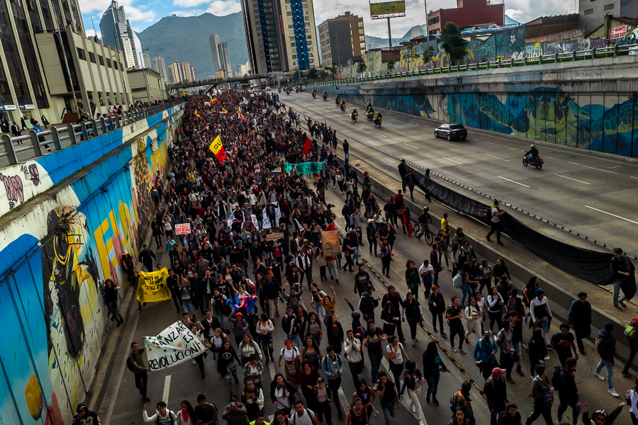 Students of the Universidad Nacional de Colombia take part in a protest march against government’s policies and corruption within the public educational system in Bogotá, Colombia.