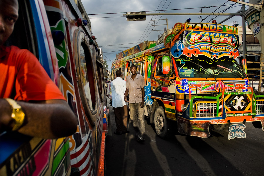 Tap-tap buses passing through the traffic chaos in the downtown of Port-au-Prince.