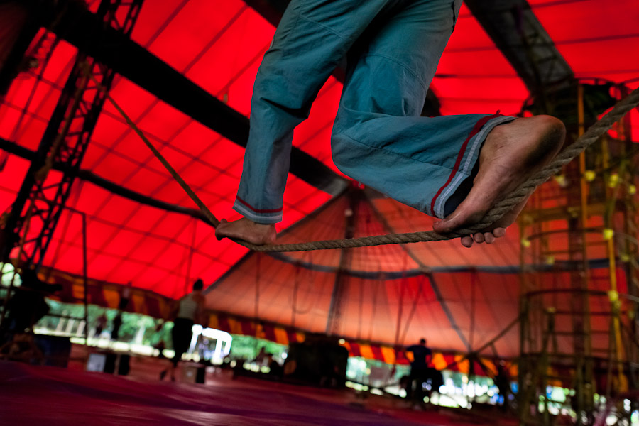 A student trains for the high-wire acrobatics act during the lessons in the circus school Circo para Todos in Cali, Colombia.