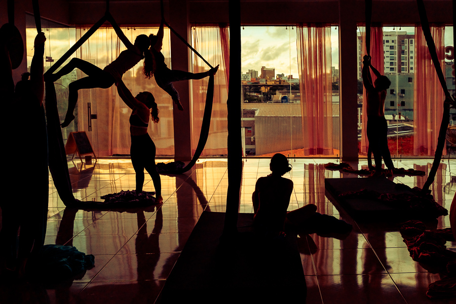 Colombian aerial dancers perform on aerial silks during a training session in the Oshana gym in Barranquilla, Colombia.