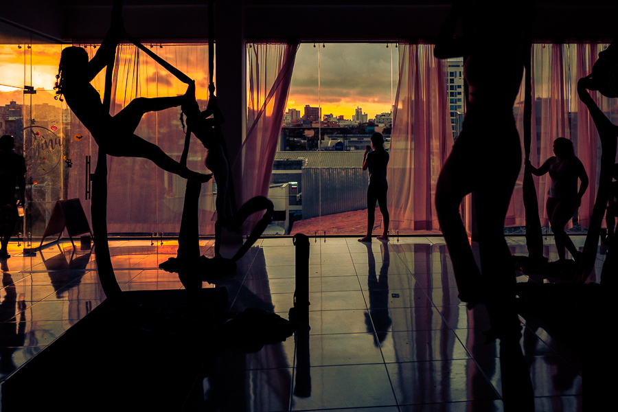 Colombian aerial dancers perform on aerial silks during a training session in the Oshana gym in Barranquilla, Colombia.