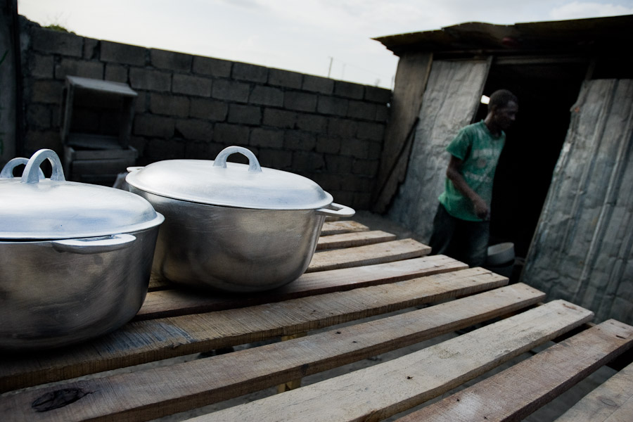 Aluminium pots for sale in the aluminium recycling shop on the street of Port-au-Prince, Haiti.