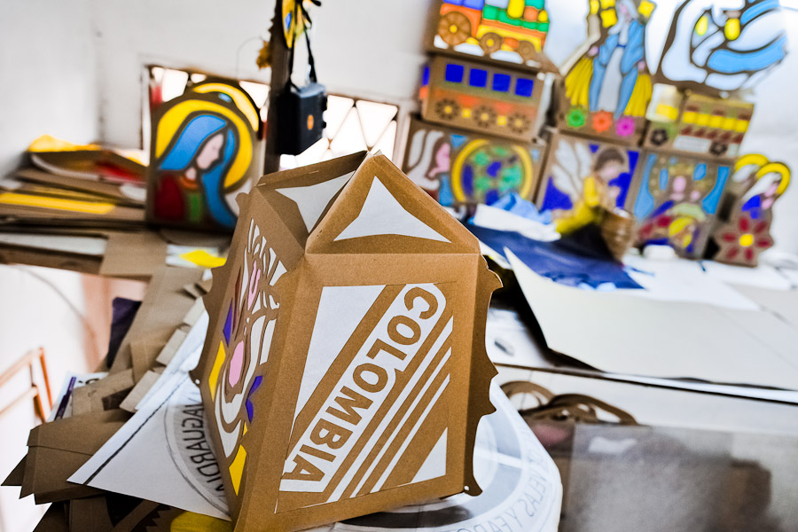 Colorful paper lanterns, depicting religious motives, are seen in an artist's workshop before the annual Festival of Candles and Lanterns in Quimbaya, Colombia.