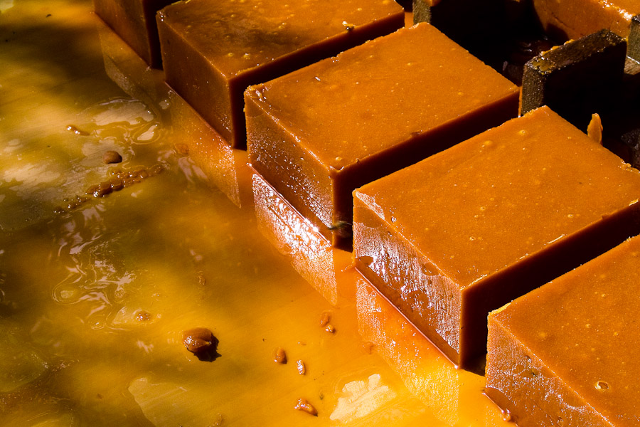 Rectangular panela blocks arranged to solidify during the processing of panela in a rural sugar cane mill (trapiche) in San Agustín, Colombia.