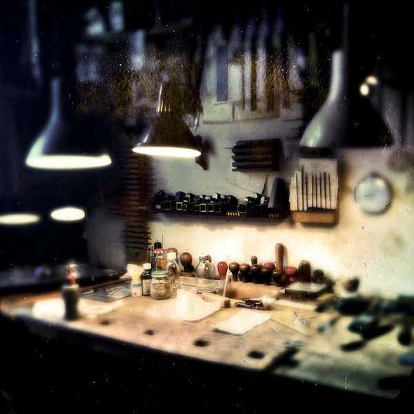 A workbench, with fine craft tools on it, is seen in Jan Madiara's bowmaker workshop in Karlovy Vary, Czech Republic.