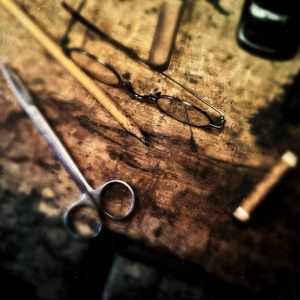 Handicraft tools and glasses are seen on the workbench in Jan Madiara's bowmaker workshop in Karlovy Vary, Czech Republic.