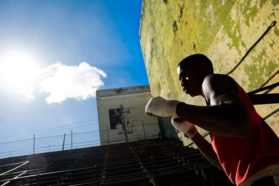 With its wooden bleachers and ancient, home made equipment, the Rafael Trejo boxing gym has a 1950s feeling.