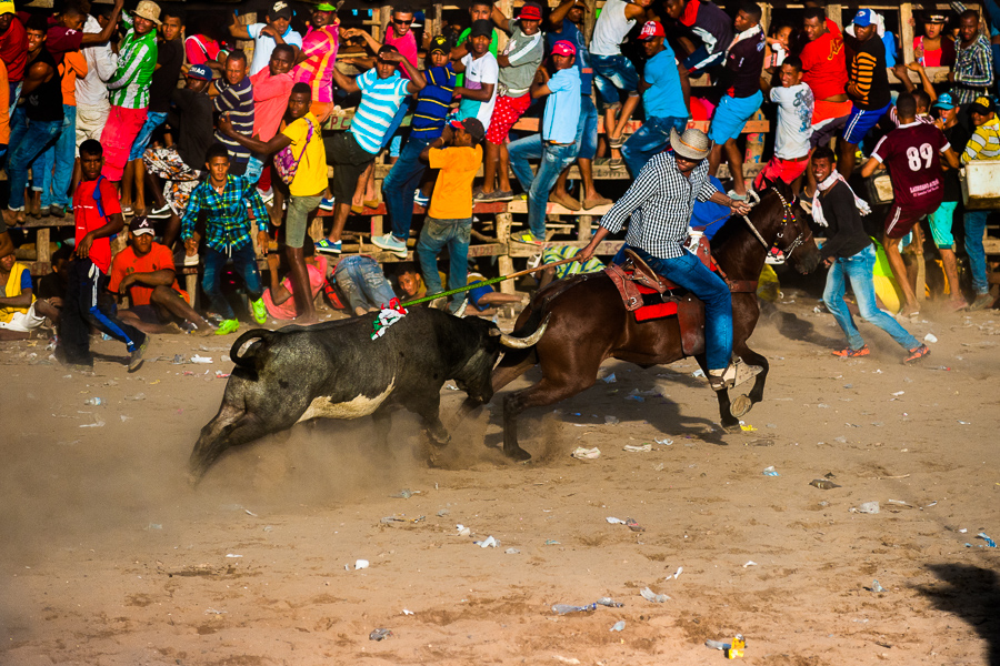 A Colombian cowboy on a horse (garrochero) stabs a bull in the neck while being chased in the arena of Corralejas, a rural bullfighting festival held in Soplaviento, Colombia.