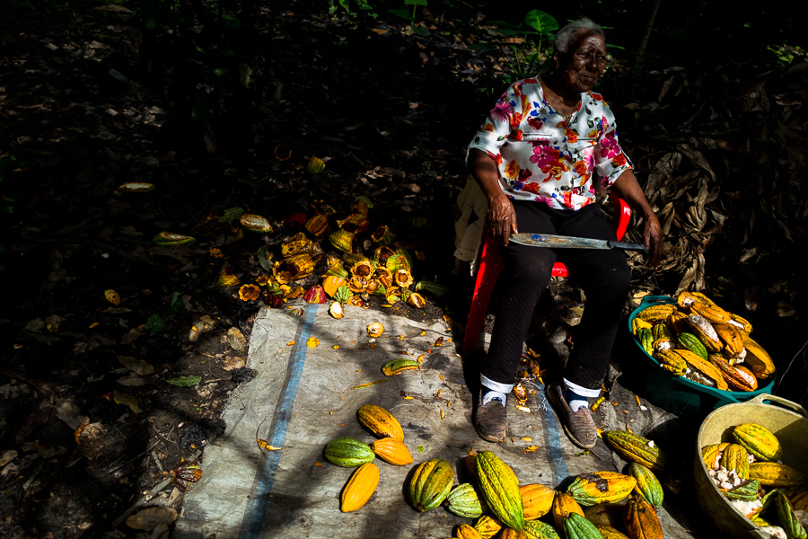 Betsabeth Alvarez, a 98-years-old Afro-Colombian farmer, takes a break during a harvest on a traditional cacao farm in Cuernavaca, Cauca, Colombia.