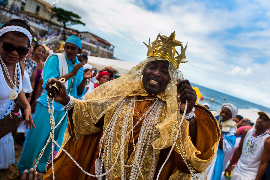A Candomblé priest (babalorishá) dances during the ritual ceremony in honor to Yemanjá, the goddess of the sea, in Salvador, Bahia, Brazil.