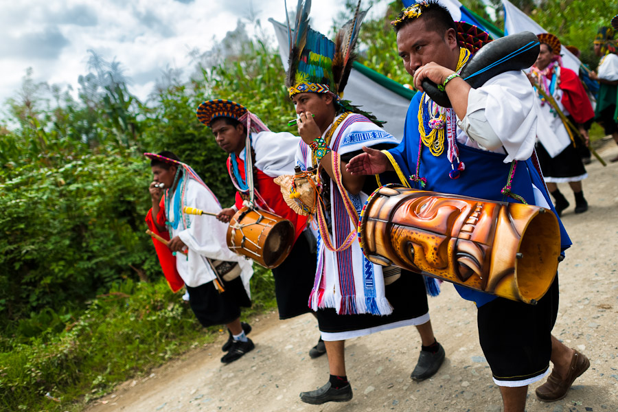 Natives from the Kamentsá tribe play drums and wind instruments during the Carnival of Forgiveness, a traditional indigenous celebration in Sibundoy, Colombia.
