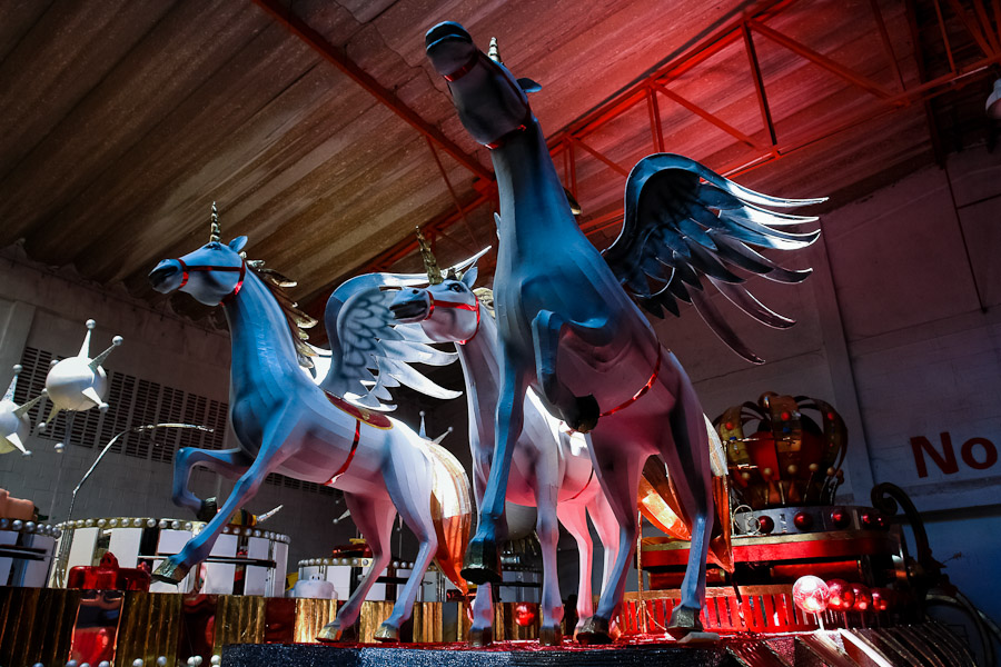 An unfinished allegorical float during the construction process in the Carnival workroom, Barranquilla, Colombia.