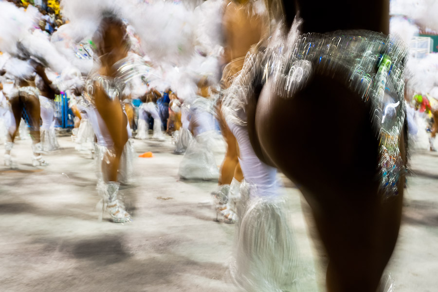 Dancers of Mocidade samba school perform during the Carnival parade at the Sambadrome in Rio de Janeiro, Brazil.