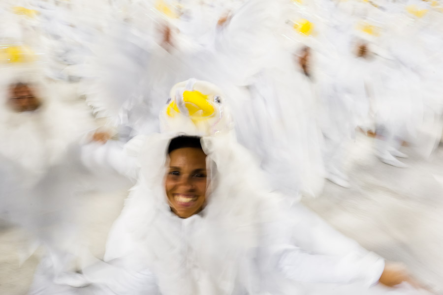 A samba school dancer performs during the Carnival Access Group parade at the Sambadrome in Rio de Janeiro, Brazil.