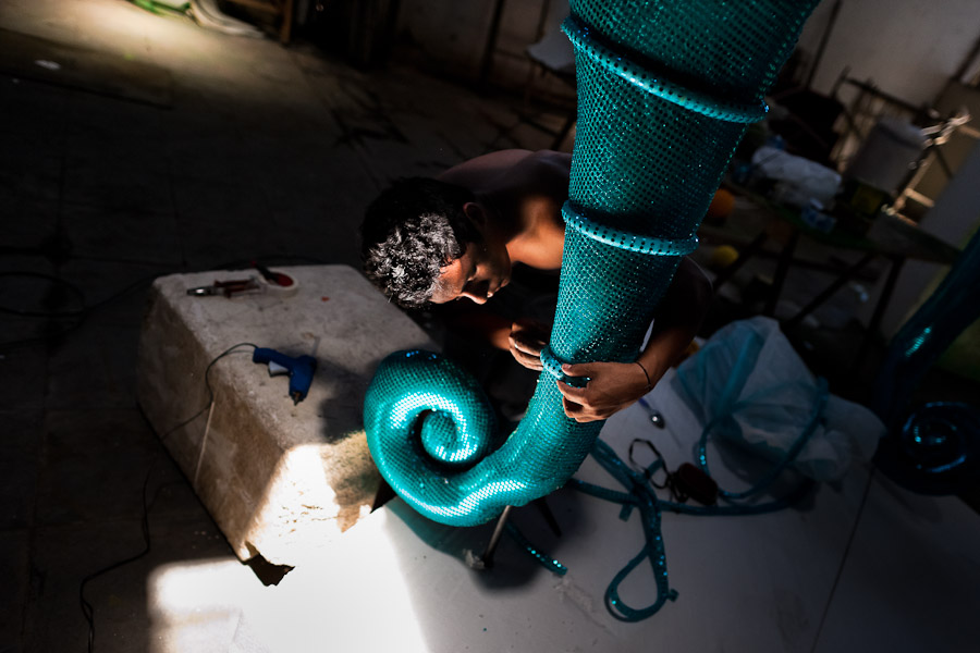 A samba school sculptor works on a carnival statue inside the workshop in Rio de Janeiro, Brazil.