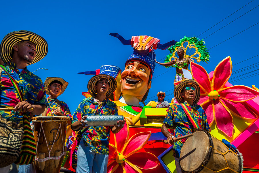 Afro-Colombian musicians perform during the Batalla de Flores, the major parade of the Carnival in Barranquilla, Colombia.