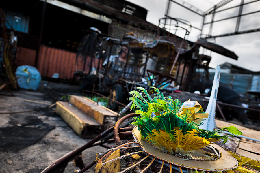 A damaged feather costume thrown on the work yard behind the Samba school workshops in Rio de Janeiro, Brazil.