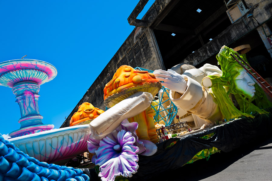 A carnival float seen during the construction process on the work yard behind the workshop in Rio de Janeiro, Brazil.