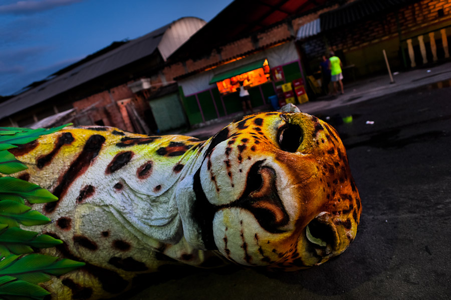 Samba school members work on carnival costumes, floats and sculptures in the carnival workshops in Rio de Janeiro, Brazil.