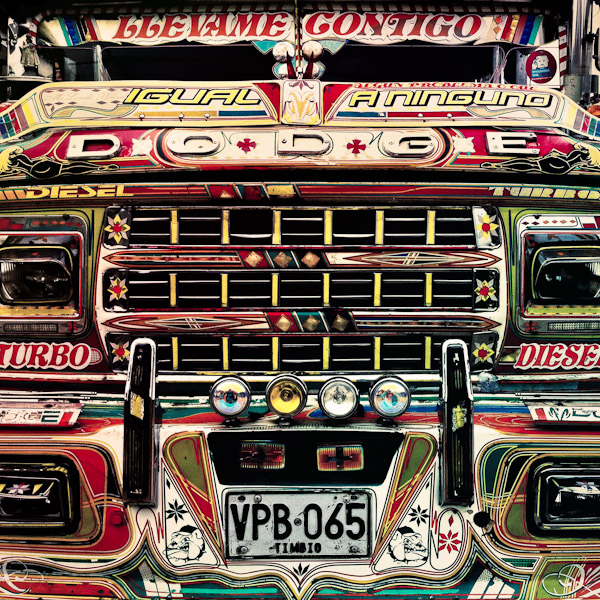 A colorfully designed front mask of chiva, an artisan bus used for rural public transport in the mountains, is seen on the street of Timbío, Cauca, Colombia.