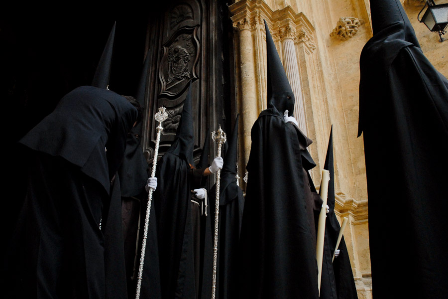 The cofradía (brotherhood) procession leave the Church of Málaga after celebrating the Mass on Maundy Thursday, during the Holy Week celebrations.