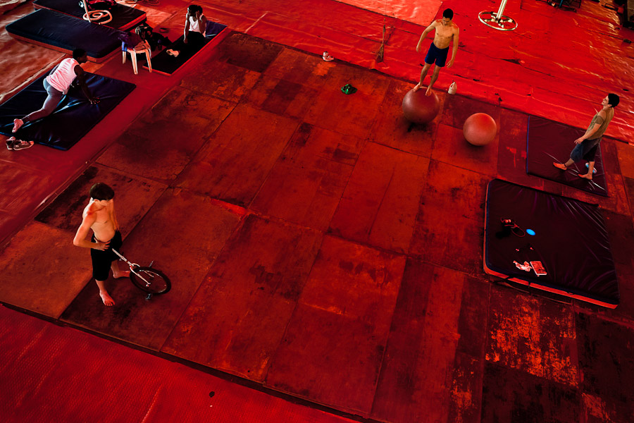 Students train and exercise during the lessons in the circus school Circo para Todos in Cali, Colombia.