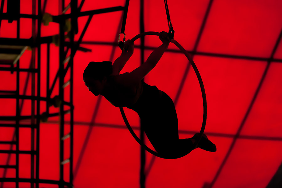 A student performs acrobatics on the aerial hoop during the lessons in the circus school Circo para Todos in Cali, Colombia.