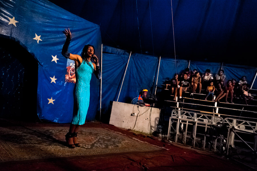 Enrique, a Salvadorean transvestite, performs in front of an audience at the Circo Brasilia, a family run circus travelling in Central America.