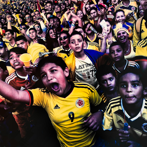 Colombia football fans cheer while watching the match between Colombia and Uruguay at the FIFA World Cup 2014, in a park in Cali, Colombia.