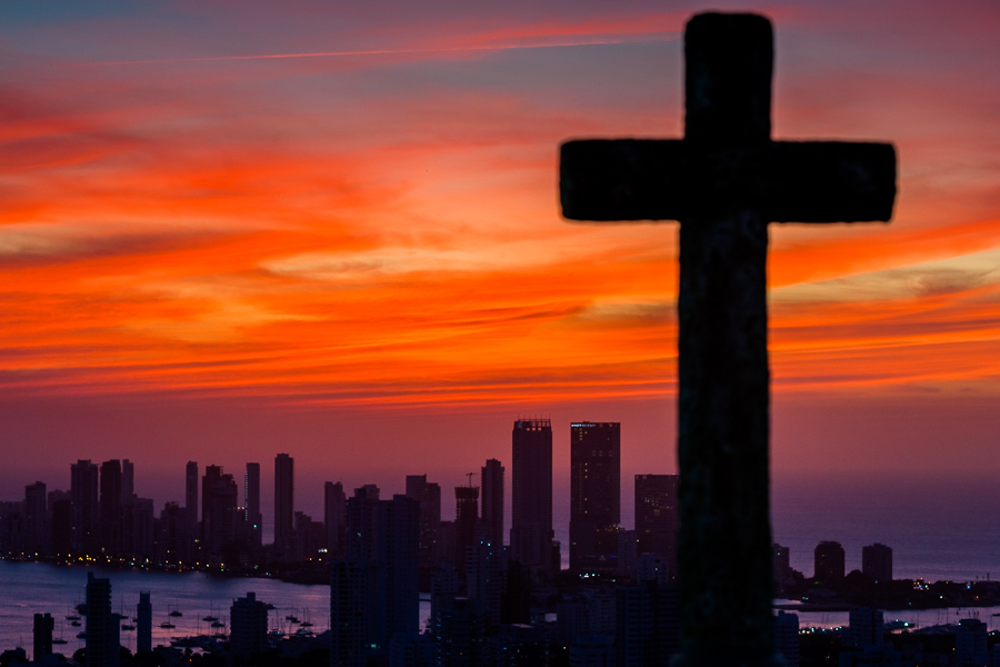 High rise luxury apartment buildings and hotels of Bocagrande neighborhood are seen during the sunset from La Popa monastery in Cartagena, Colombia.