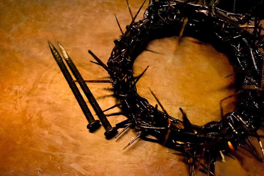 A crown of thorns is seen on the table at the end of the Good Friday procession during the Holy week in Lima, Peru.